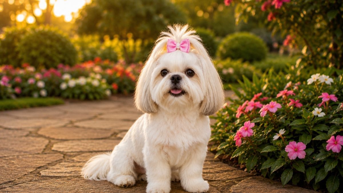 Shih Tzu branco sentado em jardim florido com laço rosa durante o pôr do sol