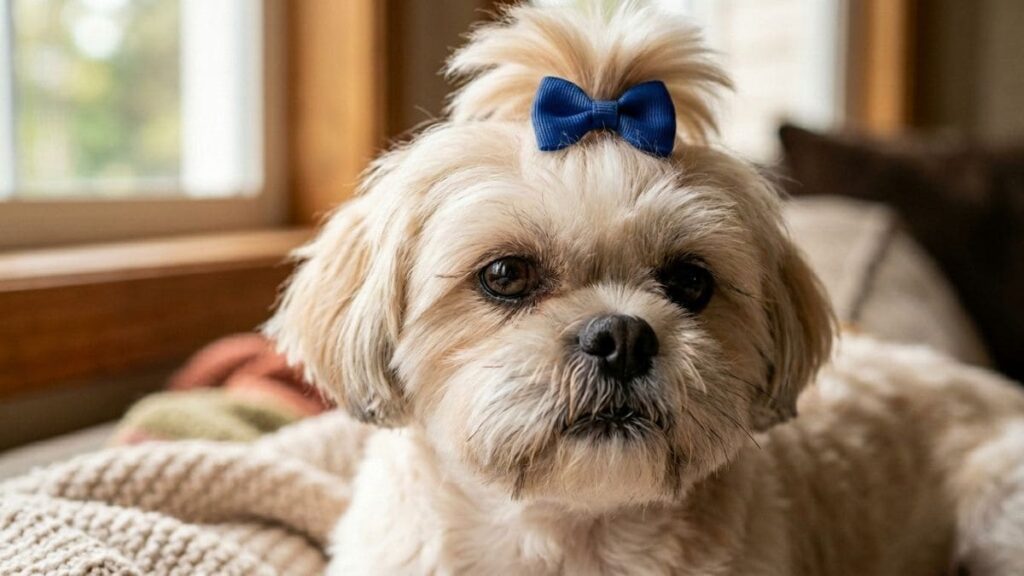 Tosa higiênica em Shih Tzu: O Cuidado Essencial para a Saúde e Bem-Estar do seu Pet 2 Um cão da raça Shih Tzu com um laço azul na cabeça, deitado de forma confortável sobre uma manta tricotada clara, exibindo o resultado visual na cabeça e olhos após a tosa higiênica em Shih Tzu.
