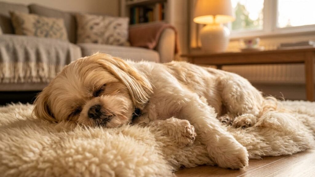 Tosa higiênica em Shih Tzu: O Cuidado Essencial para a Saúde e Bem-Estar do seu Pet 5 Um cão da raça Shih Tzu dormindo profundamente e relaxado sobre um tapete de pele artificial felpudo na sala, demonstrando o alívio e bem-estar após o procedimento de tosa higiênica em Shih Tzu.
