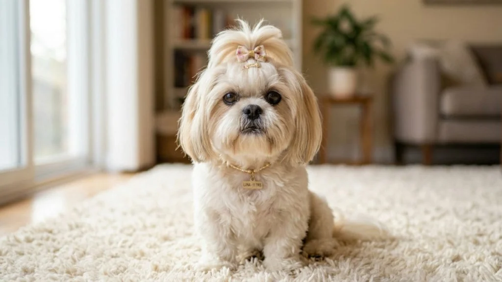 12 Raças de cachorro pequeno para apartamento: Guia real para sua escolha 2 Um Shih Tzu fêmea de pelagem clara sentado em um tapete felpudo branco. Ela usa um laço rosa delicado no topo da cabeça e uma coleira com pingente de identificação. O ambiente é uma sala iluminada e acolhedora.