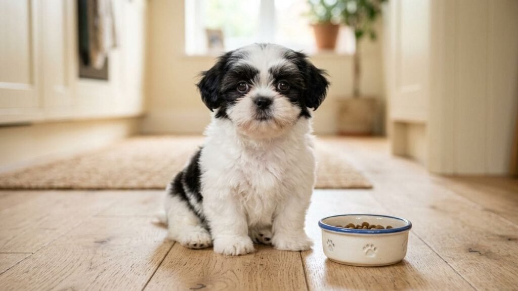 Um Shih Tzu filhote com pelagem preta e branca, sentado no piso de madeira de uma cozinha ao lado de um pote cerâmico com ração.