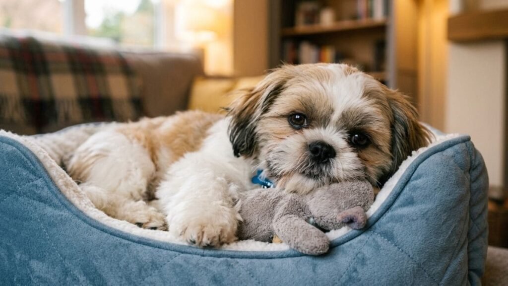 Um Shih Tzu filhote de pelagem branca e marrom deitado de forma aconchegante dentro de uma caminha pet azul, apoiando a cabeça em um brinquedo de pelúcia cinza.