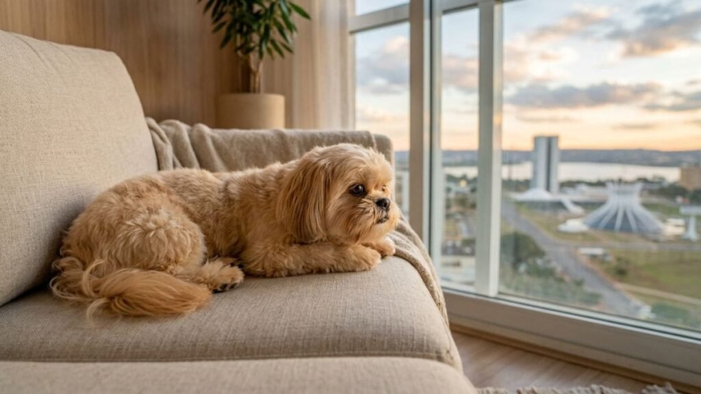 Um Shih Tzu filhote de pelagem clara deitado de bruços em um sofá bege, olhando atentamente pela janela de vidro de um apartamento de andar alto.