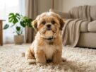 Um Shih Tzu filhote de pelagem marrom e branca, usando uma coleira azul com pingente de osso, sentado no centro de uma sala sobre um tapete felpudo claro.
