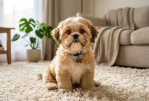 Um Shih Tzu filhote de pelagem marrom e branca, usando uma coleira azul com pingente de osso, sentado no centro de uma sala sobre um tapete felpudo claro.