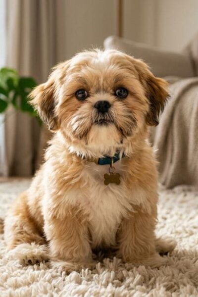 Um Shih Tzu filhote de pelagem marrom e branca, usando uma coleira azul com pingente de osso, sentado no centro de uma sala sobre um tapete felpudo claro.