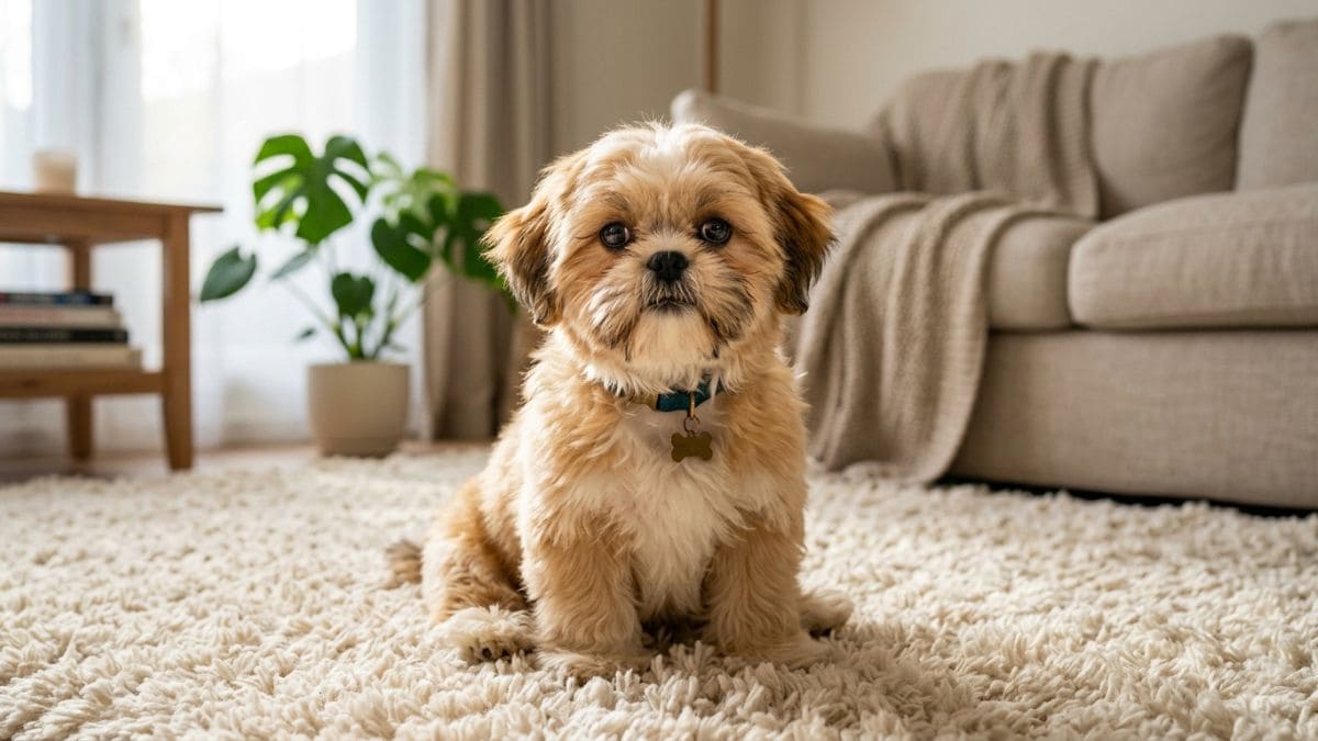 Um Shih Tzu filhote de pelagem marrom e branca, usando uma coleira azul com pingente de osso, sentado no centro de uma sala sobre um tapete felpudo claro.