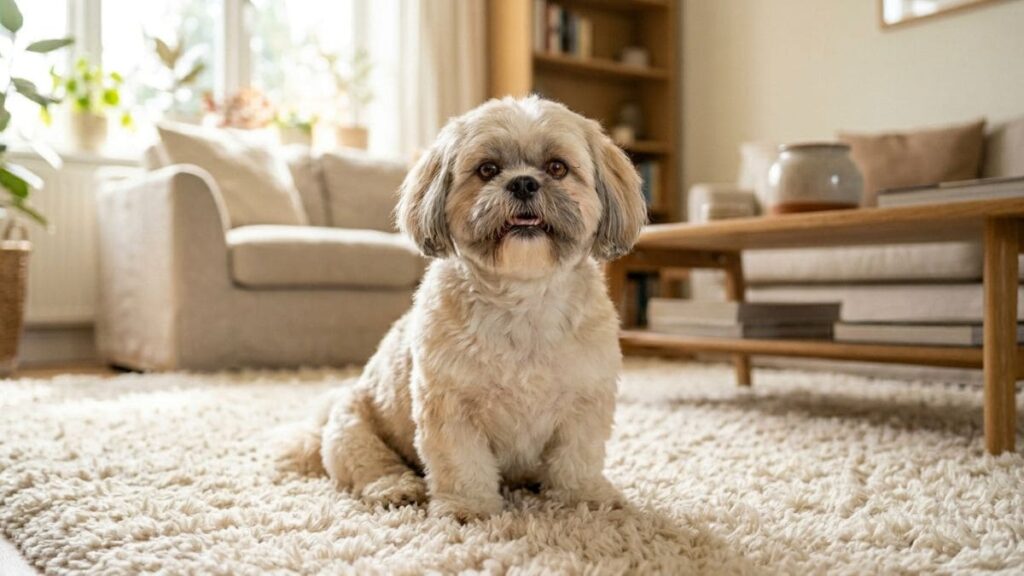 Um cão da raça Shih Tzu com a pelagem limpa, seca e escovada, sentado de forma alegre no tapete da sala, mostrando o resultado de como dar banho no Shih Tzu em casa.