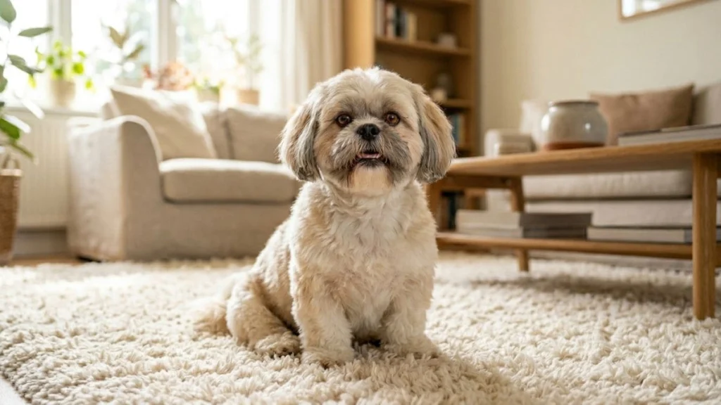 Como Dar Banho no Shih Tzu em Casa Sem Estresse 5 Um cão da raça Shih Tzu com a pelagem limpa, seca e escovada, sentado de forma alegre no tapete da sala, mostrando o resultado de como dar banho no Shih Tzu em casa.