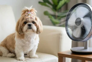 Um cachorro da raça Shih Tzu, com pelagem branca e marrom e um laço decorativo na cabeça, está sentado em um sofá de couro creme. Ele olha diretamente para a câmera. À sua direita, em cima de uma mesa de madeira, um ventilador de mesa moderno e prateado está ligado, com as pás girando visivelmente. O Shih Tzu parece estar se refrescando com o vento do ventilador, ilustrando que a raça shih tzu sente muito calor. O fundo é uma sala de estar com uma planta desfocada.