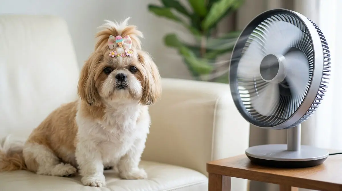 Um cachorro da raça Shih Tzu, com pelagem branca e marrom e um laço decorativo na cabeça, está sentado em um sofá de couro creme. Ele olha diretamente para a câmera. À sua direita, em cima de uma mesa de madeira, um ventilador de mesa moderno e prateado está ligado, com as pás girando visivelmente. O Shih Tzu parece estar se refrescando com o vento do ventilador, ilustrando que a raça shih tzu sente muito calor. O fundo é uma sala de estar com uma planta desfocada.