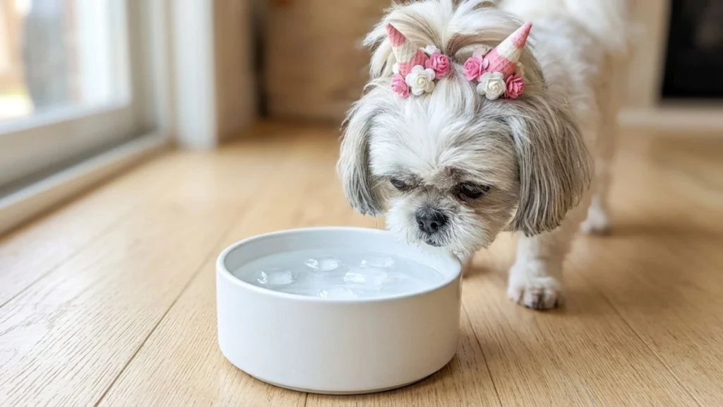 Close focado em um pequeno cachorro Shih Tzu fofo, com pelagem clara e um laço de flores e cones de sorvete na cabeça, em pé sobre um piso de madeira. Ele está olhando para baixo e cheirando uma tigela branca redonda de cerâmica cheia de água fresca com vários cubos de gelo flutuando. A imagem foca na busca por refresco e como a raça shih tzu sente muito calor, usando a água gelada como solução. O fundo é uma sala de estar clara e desfocada, com luz natural.