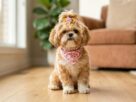 Uma cadelinha Shih Tzu de pelagem caramelo e branca sentada elegantemente em um piso de madeira clara dentro de casa. Ela usa uma bandana rosa com estampa floral e um laço decorativo com desenho de sorvete no topo da cabeça. O fundo mostra uma sala iluminada com um sofá marrom e uma planta, ideal para ilustrar uma lista de nomes para Shih Tzu fêmea.
