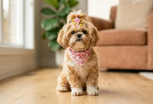 Uma cadelinha Shih Tzu de pelagem caramelo e branca sentada elegantemente em um piso de madeira clara dentro de casa. Ela usa uma bandana rosa com estampa floral e um laço decorativo com desenho de sorvete no topo da cabeça. O fundo mostra uma sala iluminada com um sofá marrom e uma planta, ideal para ilustrar uma lista de nomes para Shih Tzu fêmea.