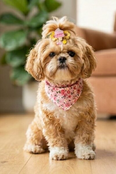 Uma cadelinha Shih Tzu de pelagem caramelo e branca sentada elegantemente em um piso de madeira clara dentro de casa. Ela usa uma bandana rosa com estampa floral e um laço decorativo com desenho de sorvete no topo da cabeça. O fundo mostra uma sala iluminada com um sofá marrom e uma planta, ideal para ilustrar uma lista de nomes para Shih Tzu fêmea.