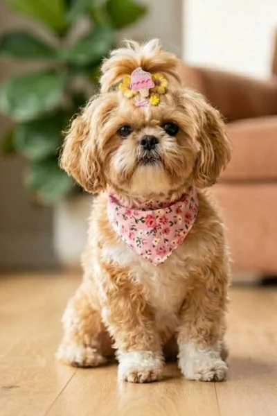 Uma cadelinha Shih Tzu de pelagem caramelo e branca sentada elegantemente em um piso de madeira clara dentro de casa. Ela usa uma bandana rosa com estampa floral e um laço decorativo com desenho de sorvete no topo da cabeça. O fundo mostra uma sala iluminada com um sofá marrom e uma planta, ideal para ilustrar uma lista de nomes para Shih Tzu fêmea.