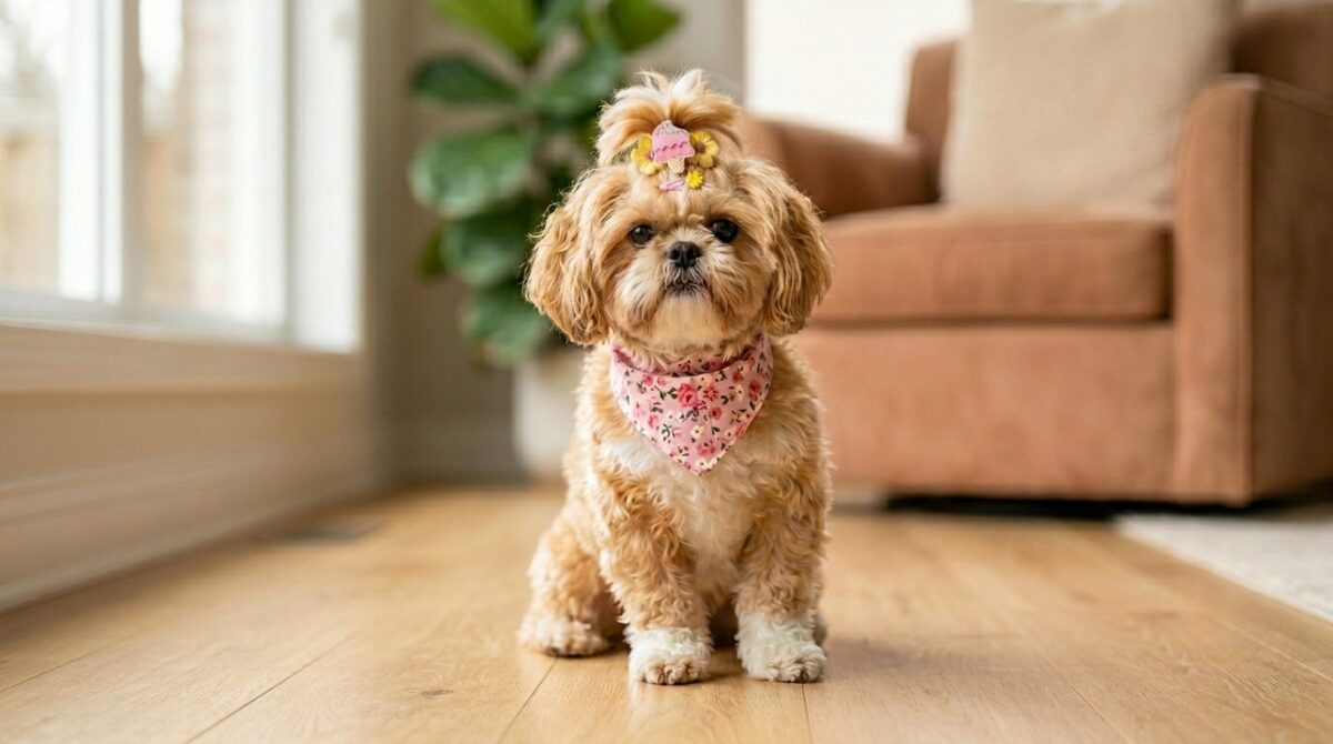 Uma cadelinha Shih Tzu de pelagem caramelo e branca sentada elegantemente em um piso de madeira clara dentro de casa. Ela usa uma bandana rosa com estampa floral e um laço decorativo com desenho de sorvete no topo da cabeça. O fundo mostra uma sala iluminada com um sofá marrom e uma planta, ideal para ilustrar uma lista de nomes para Shih Tzu fêmea.