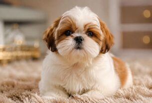 Close focado em um filhote de Shih Tzu macho com pelagem branca e manchas caramelo ao redor dos olhos e orelhas. O cãozinho está deitado confortavelmente sobre um tapete felpudo bege em uma sala de estar bem iluminada. Ele olha fixamente para a câmera com uma expressão doce e curiosa. O fundo está suavemente desfocado, destacando as características ideais para quem procura nomes para Shih Tzu macho.