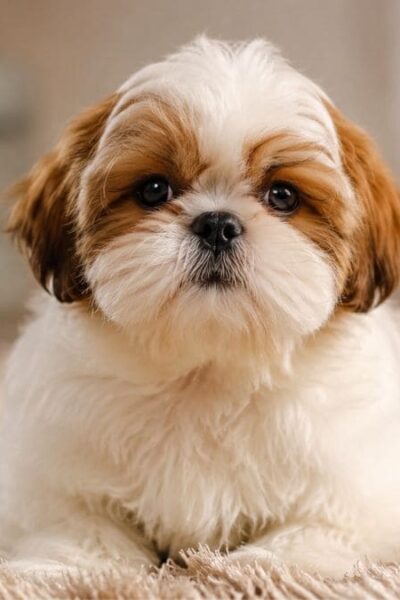 Close focado em um filhote de Shih Tzu macho com pelagem branca e manchas caramelo ao redor dos olhos e orelhas. O cãozinho está deitado confortavelmente sobre um tapete felpudo bege em uma sala de estar bem iluminada. Ele olha fixamente para a câmera com uma expressão doce e curiosa. O fundo está suavemente desfocado, destacando as características ideais para quem procura nomes para Shih Tzu macho.