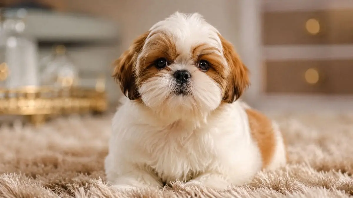 Close focado em um filhote de Shih Tzu macho com pelagem branca e manchas caramelo ao redor dos olhos e orelhas. O cãozinho está deitado confortavelmente sobre um tapete felpudo bege em uma sala de estar bem iluminada. Ele olha fixamente para a câmera com uma expressão doce e curiosa. O fundo está suavemente desfocado, destacando as características ideais para quem procura nomes para Shih Tzu macho.