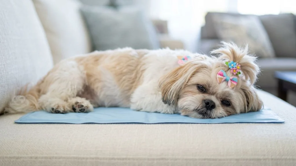 Um Shih Tzu de pelagem clara deitado de bruços sobre um tapete refrescante azul claro em um sofá. O cão usa laços coloridos no topete e está com os olhos semicerrados, demonstrando relaxamento. A imagem destaca uma solução prática para quando o shih tzu sente muito calor em ambientes internos.