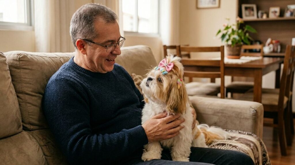 Um homem de óculos e suéter azul marinho sentado em um sofá bege, sorrindo e acariciando uma cadelinha Shih Tzu branca e caramelo que está em seu colo. A cadelinha olha para ele e usa laços rosa e azul no topo da cabeça. O ambiente é uma sala de estar acolhedora, ideal para ilustrar o vínculo afetivo ao escolher nomes para Shih Tzu fêmea.