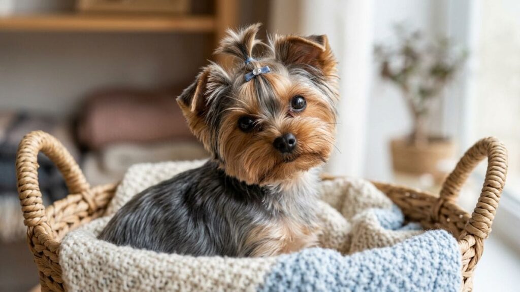 Filhote de Yorkshire Terrier com um lacinho azul na cabeça, sentado dentro de um cesto de vime com mantas, exemplificando o charme das raças de cachorro pequeno.