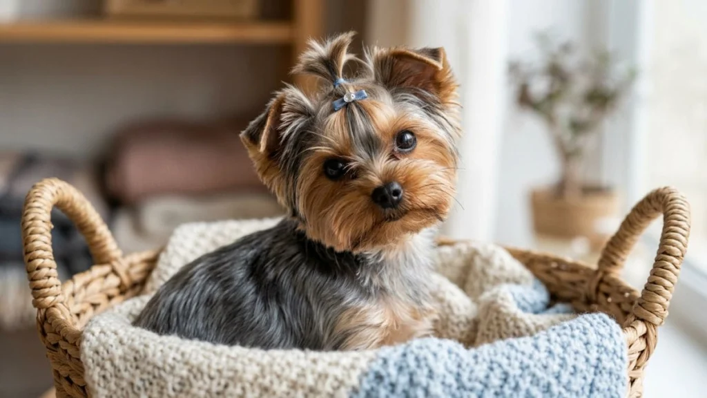 12 Raças de cachorro pequeno para apartamento: Guia real para sua escolha 10 Filhote de Yorkshire Terrier com um lacinho azul na cabeça, sentado dentro de um cesto de vime com mantas, exemplificando o charme das raças de cachorro pequeno.