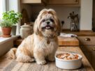 Um cãozinho Shih Tzu com laço rosa na cabeça posicionado em uma bancada de cozinha de madeira ao lado de uma tigela branca contendo comida caseira para shih tzu com frango desfiado e cenoura.