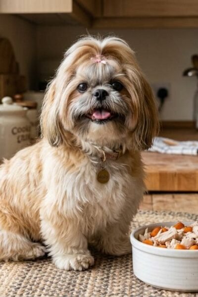 Um cãozinho Shih Tzu com laço rosa na cabeça posicionado em uma bancada de cozinha de madeira ao lado de uma tigela branca contendo comida caseira para shih tzu com frango desfiado e cenoura.
