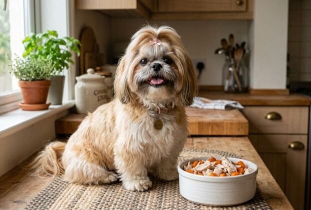 Um cãozinho Shih Tzu com laço rosa na cabeça posicionado em uma bancada de cozinha de madeira ao lado de uma tigela branca contendo comida caseira para shih tzu com frango desfiado e cenoura.