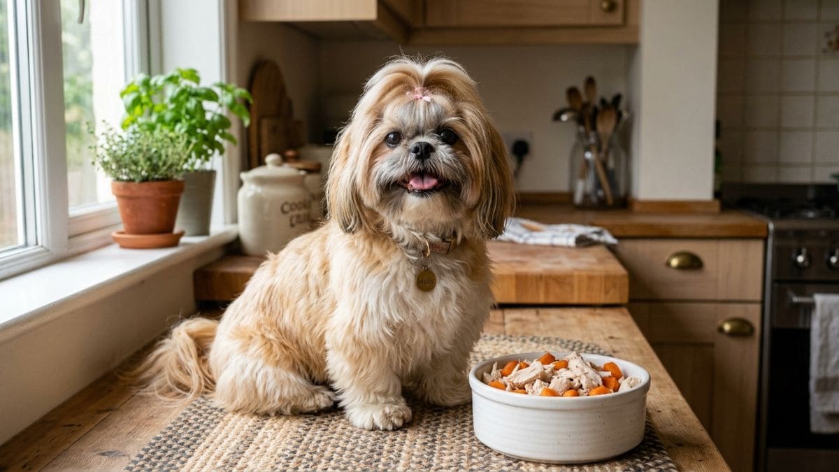 Um cãozinho Shih Tzu com laço rosa na cabeça posicionado em uma bancada de cozinha de madeira ao lado de uma tigela branca contendo comida caseira para shih tzu com frango desfiado e cenoura.