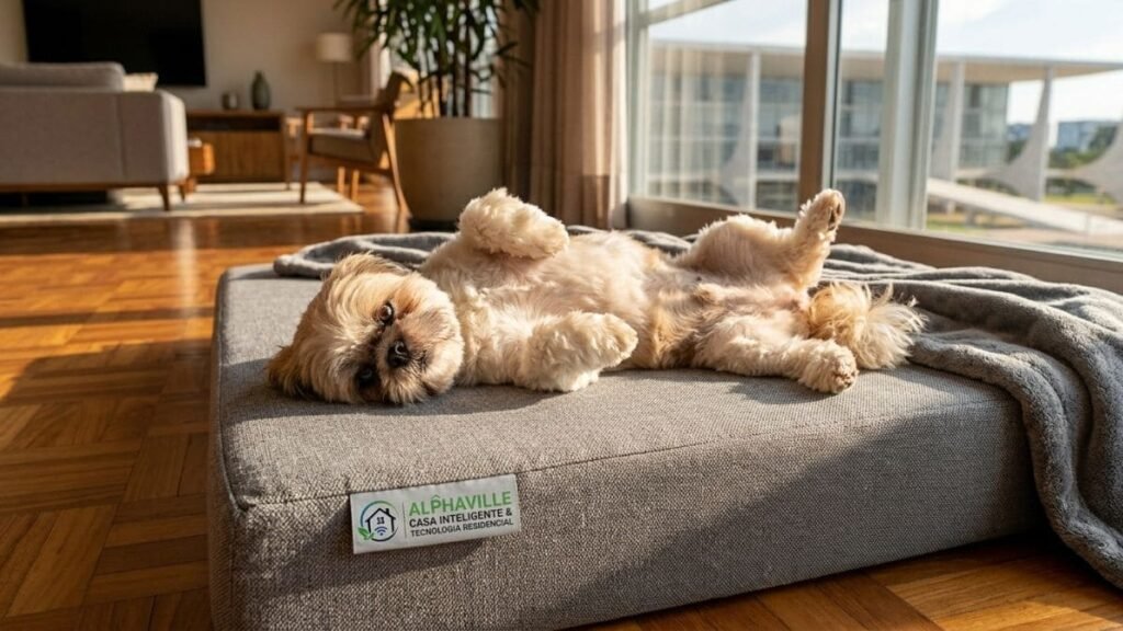 Cama para Shih Tzu: Como Escolher a Melhor Caminha Ortopédica para o Seu Pet 2 Um cãozinho Shih Tzu deitado e relaxado de lado dentro de uma cama para shih tzu retangular, preta e com tecido impermeável, posicionada no chão de madeira da sala.