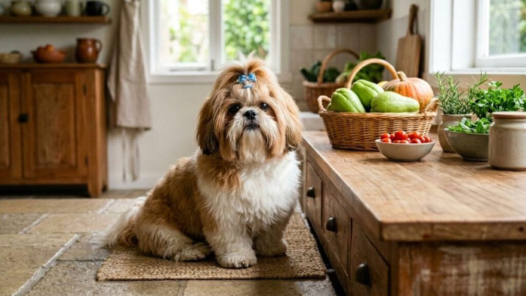 Um cão Shih Tzu com lacinho azul na cabeça sentado no chão de uma cozinha rústica ao lado de uma bancada de madeira repleta de ingredientes frescos, como chuchus, abóbora e tomates cereja, ideais para o preparo de comida caseira para shih tzu.