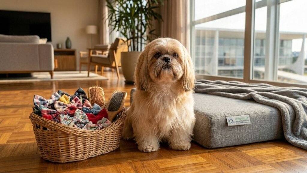 Produtos para Shih Tzu: O Guia de Compras Definitivo para o Bem-Estar do Seu Pet 2 Um cão da raça Shih Tzu sentado no piso de madeira de uma sala ao lado de uma cesta de vime com laços e escovas de pentear, e de um colchonete cinza com uma manta ao fundo.