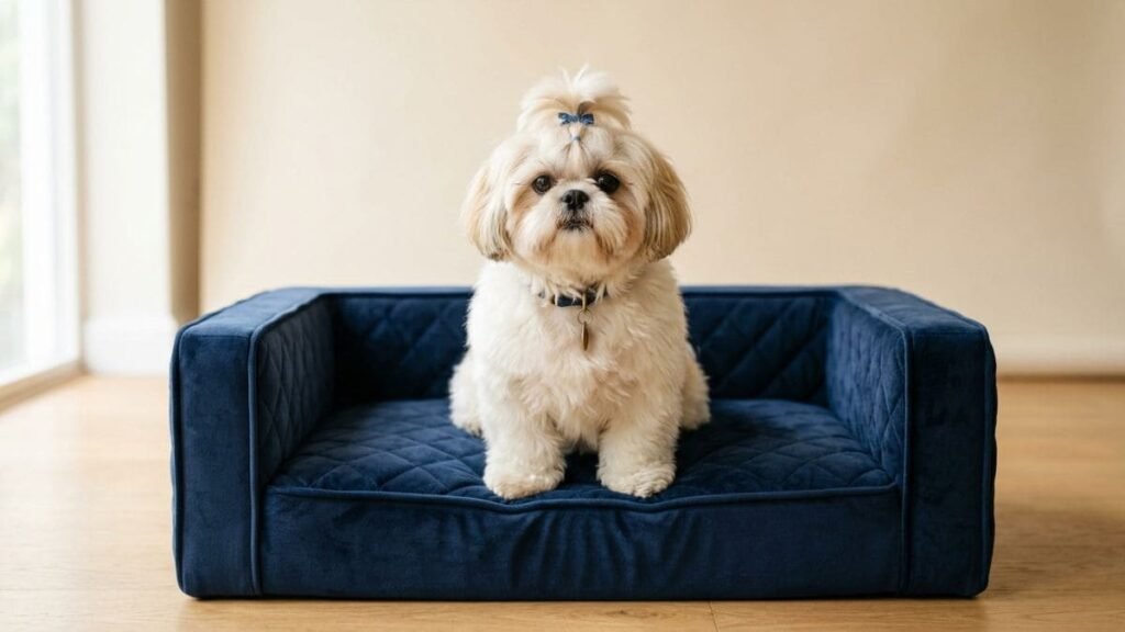 Cama para Shih Tzu: Como Escolher a Melhor Caminha Ortopédica para o Seu Pet 8 Um cãozinho Shih Tzu de pelagem clara e com um lacinho azul na cabeça, sentado imponente no centro de uma elegante cama para shih tzu em formato de mini sofá retangular, feita de tecido aveludado azul-marinho com acabamento matelassê.