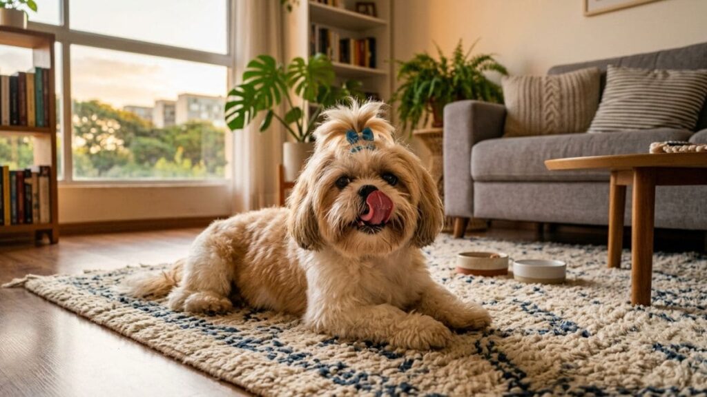 Um cãozinho Shih Tzu com um lacinho azul na cabeça deitado no tapete da sala lambendo o focinho, com duas tigelas de alimentação ao fundo, representando a aceitação da comida caseira para shih tzu.