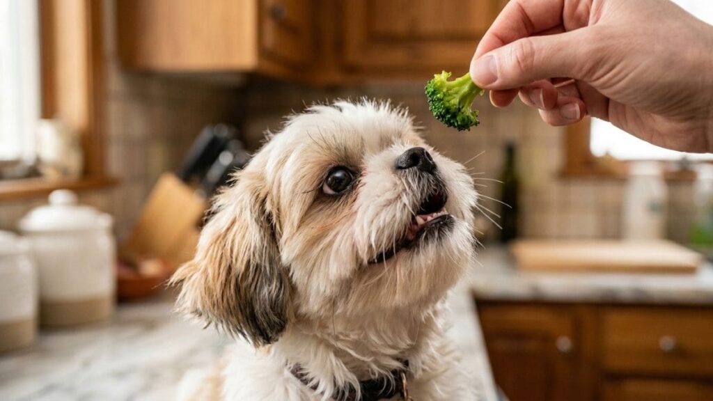 Um cãozinho Shih Tzu olhando para cima na cozinha enquanto uma mão humana oferece um pequeno florete de brócolis fresco, ilustrando ingredientes saudáveis de comida caseira para shih tzu.