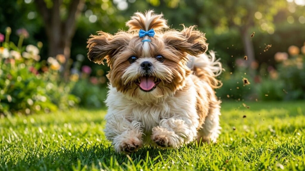 Um cãozinho Shih Tzu muito alegre e com um lacinho azul na cabeça corre animado pelo gramado verde de um jardim ensolarado, refletindo a energia proporcionada pela comida caseira para shih tzu.