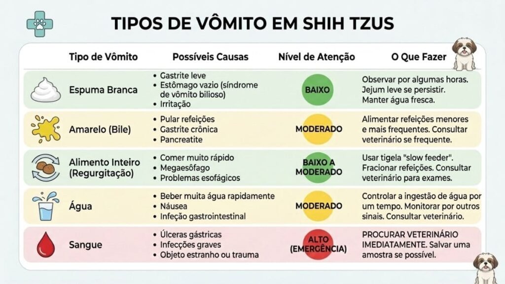 Shih Tzu Vomitando: Principais Causas, Quando é Grave e o Que Fazer Imediatamente 2 Infográfico em formato de tabela detalhando os diferentes tipos de fluidos para guiar tutores com um Shih Tzu vomitando. A tabela possui quatro colunas — Tipo de Vômito, Possíveis Causas, Nível de Atenção e O Que Fazer — classificando as ocorrências em espuma branca, amarelo (bile), alimento inteiro (regurgitação), água e sangue.