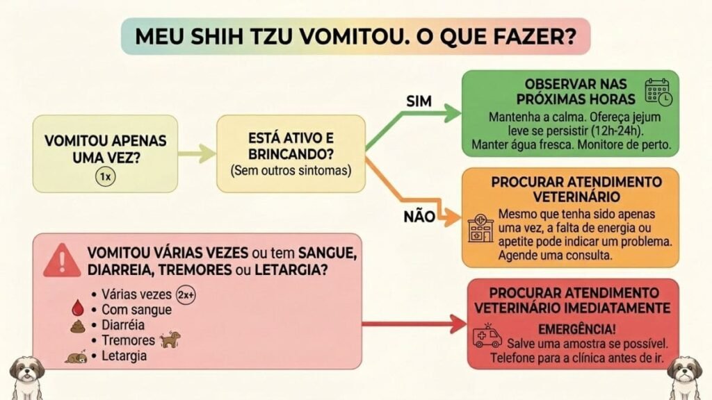Shih Tzu Vomitando: Principais Causas, Quando é Grave e o Que Fazer Imediatamente 3 Infográfico em formato de fluxograma de tomada de decisão com o título "MEU SHIH TZU VOMITOU. O QUE FAZER?". O gráfico direciona tutores com um Shih Tzu vomitando através de perguntas sobre frequência e sintomas, dividindo as respostas entre observar em casa (verde), agendar consulta (laranja) ou buscar atendimento de emergência imediato (vermelho).