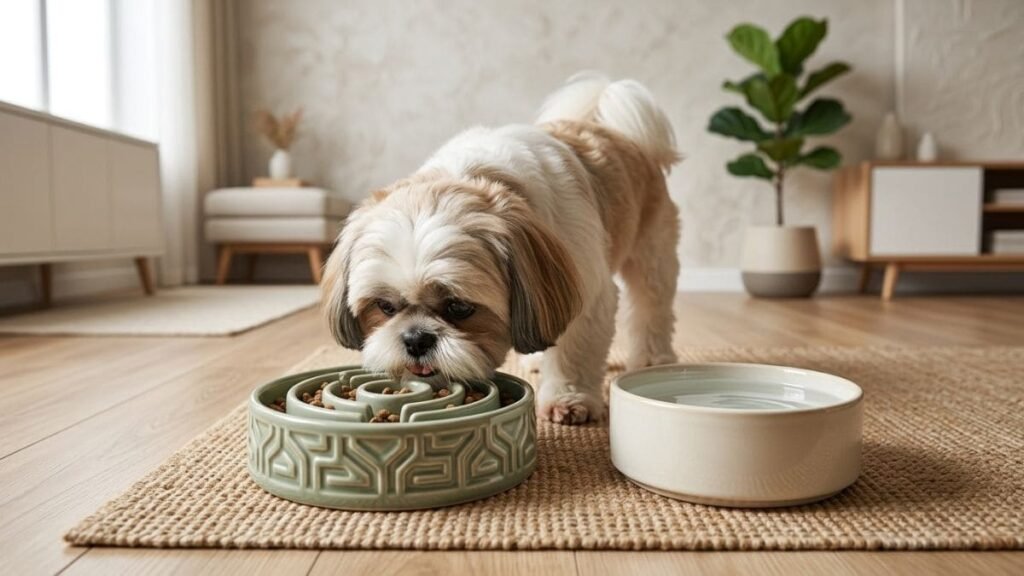 Shih Tzu Vomitando: Principais Causas, Quando é Grave e o Que Fazer Imediatamente 5 Fotografia de um cachorro Shih Tzu de pelagem branca e marrom comendo ração em um comedouro lento do tipo labirinto verde-oliva. O pote está sobre um pequeno tapete de sisal ao lado de uma tigela de água, em uma sala de estar, ilustrando técnicas de prevenção para Shih Tzu vomitando por comer rápido.