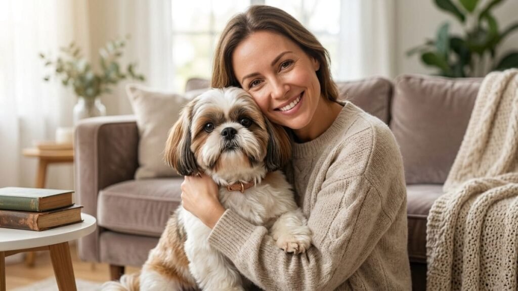 Shih Tzu Vomitando: Principais Causas, Quando é Grave e o Que Fazer Imediatamente 6 Fotografia de uma mulher sorridente usando um suéter de tricô bege, abraçando com carinho o seu cachorro Shih Tzu de pelagem branca e marrom. Eles estão sentados no chão de uma sala de estar aconchegante ao lado de um sofá, ilustrando os cuidados e a recuperação de um Shih Tzu vomitando.