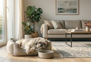 Fotografia de um cachorro da raça Shih Tzu de pelagem clara deitado de forma apática em sua caminha de tecido cinza. Ele está ao lado de sua tigela de ração intocada em uma sala de estar decorada, ilustrando os sinais de um Shih Tzu vomitando ou com enjoo.