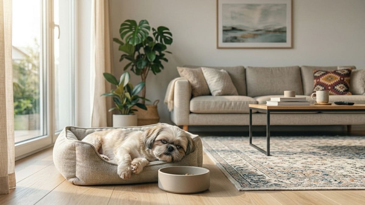 Shih Tzu Vomitando: Principais Causas, Quando é Grave e o Que Fazer Imediatamente 1 Fotografia de um cachorro da raça Shih Tzu de pelagem clara deitado de forma apática em sua caminha de tecido cinza. Ele está ao lado de sua tigela de ração intocada em uma sala de estar decorada, ilustrando os sinais de um Shih Tzu vomitando ou com enjoo.