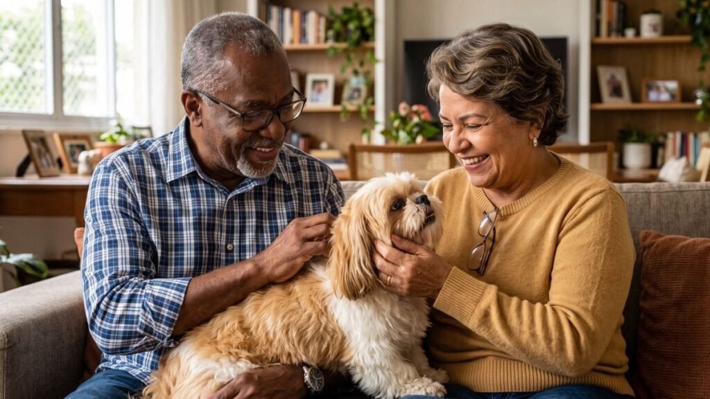 Remela no Olho do Shih Tzu: Quando a Secreção Deixa de Ser Normal? 5 Isabel e Jurandyr examinando a pelagem e prevenindo a remela no olho do Shih Tzu de sua cadelinha.