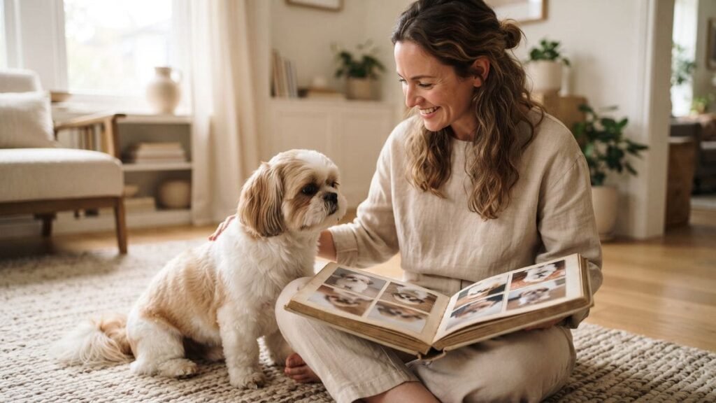 Shih Tzu Muda de Cor? Entenda as Mudanças da Pelagem 4 Tutor observando fotos do crescimento enquanto acompanha a evolução da pelagem de um Shih Tzu