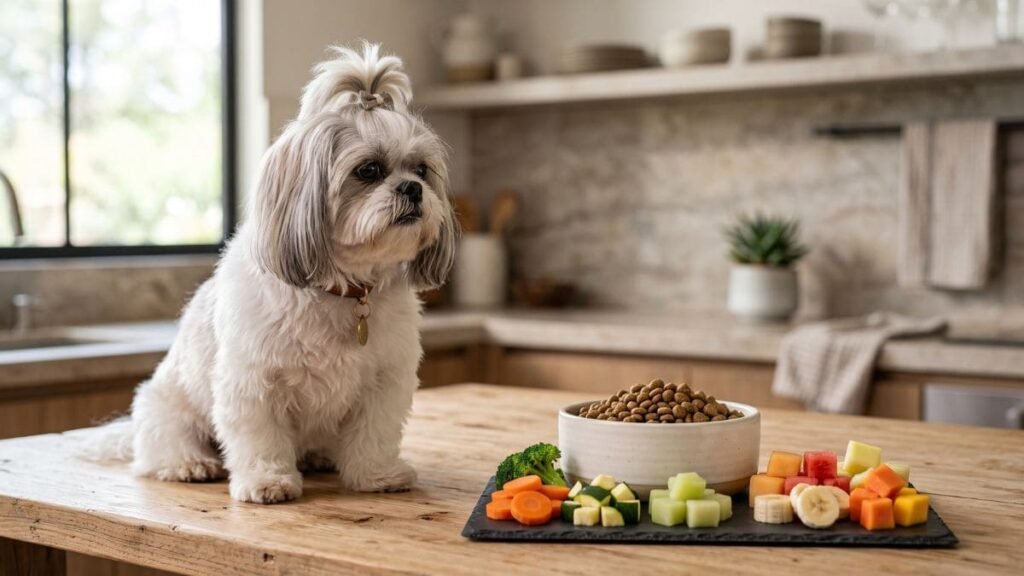 Aos 11 Anos, Estes Foram os 3 Cuidados Que Ajudaram a Manter a Vitalidade da Nossa Shih Tzu 4 Alimentação de Shih Tzu idoso com ração, vegetais e frutas