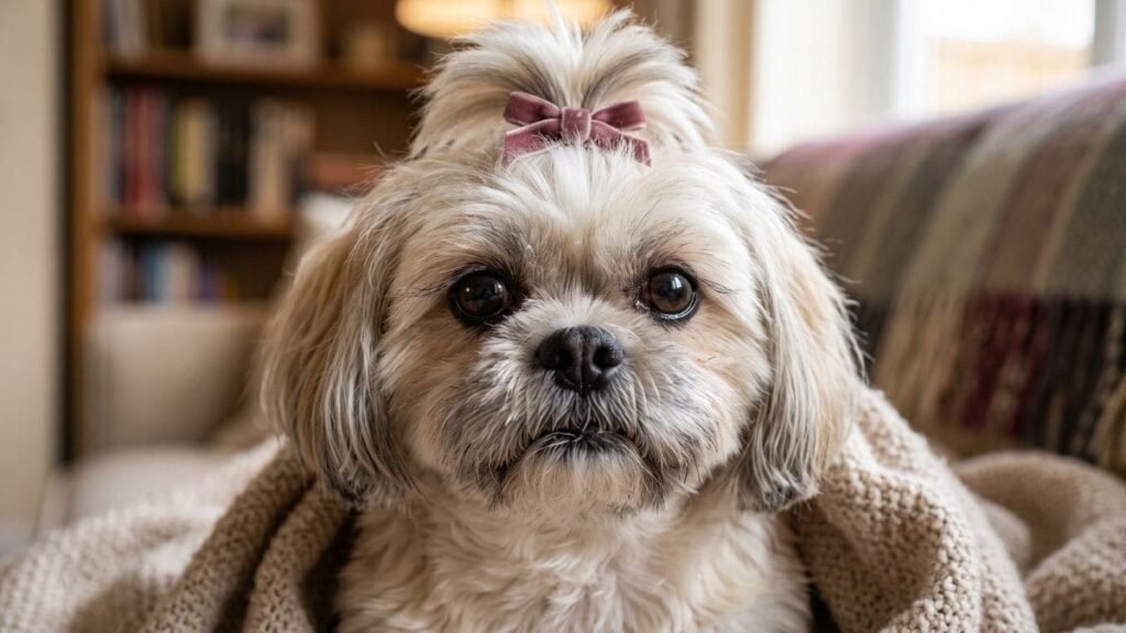 Remela no Olho do Shih Tzu: Quando a Secreção Deixa de Ser Normal? 2 Olhos proeminentes de cadela idosa que favorecem o aparecimento de remela no olho do Shih Tzu.