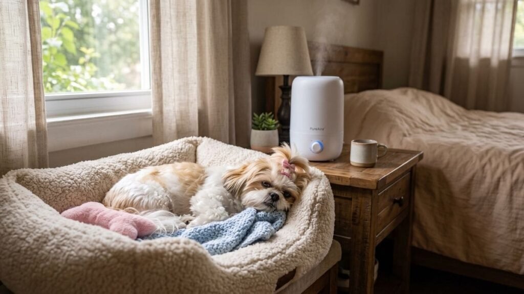 Remela no Olho do Shih Tzu: Quando a Secreção Deixa de Ser Normal? 4 Cadela descansando ao lado de umidificador para prevenir o excesso de remela no olho do Shih Tzu no clima seco.